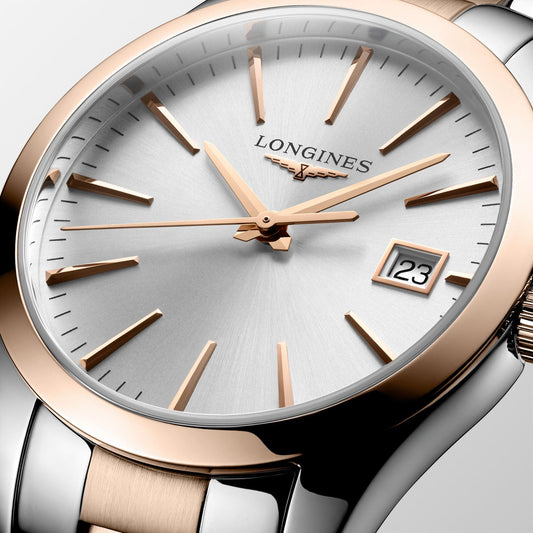 ロンジン コンクエスト クラシック 34mm シルバー クォーツ ステンレススチール PVD ​​ローズゴールド ウォッチ L2.386.3.72.7