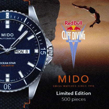 ミドー オーシャンスター レッドブル クリフダイビング 限定版 500本 42mm ブルー 自動巻き スチール M026.430.17.041.00