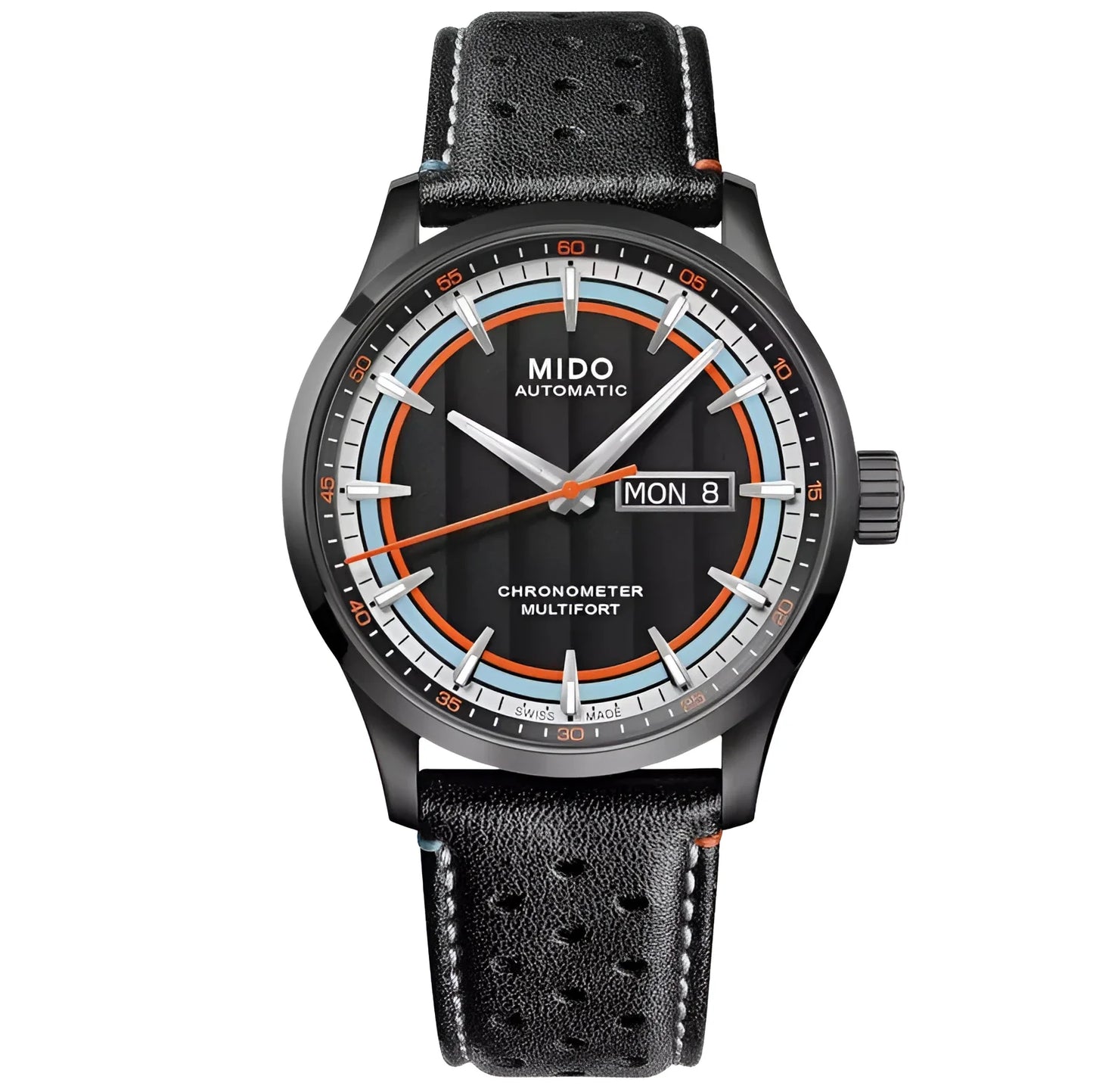 Black leather strap con design perforato e cuciture bianche con mido multifort chronometer nero con accenti arancio e azzurro