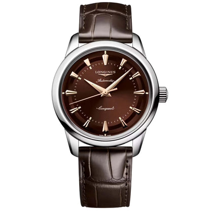 Longines orologio heritage 38mm marrone acciaio automatico con cassa argento lucida e quadrante marrone protetto dall ufficio federale svizzero