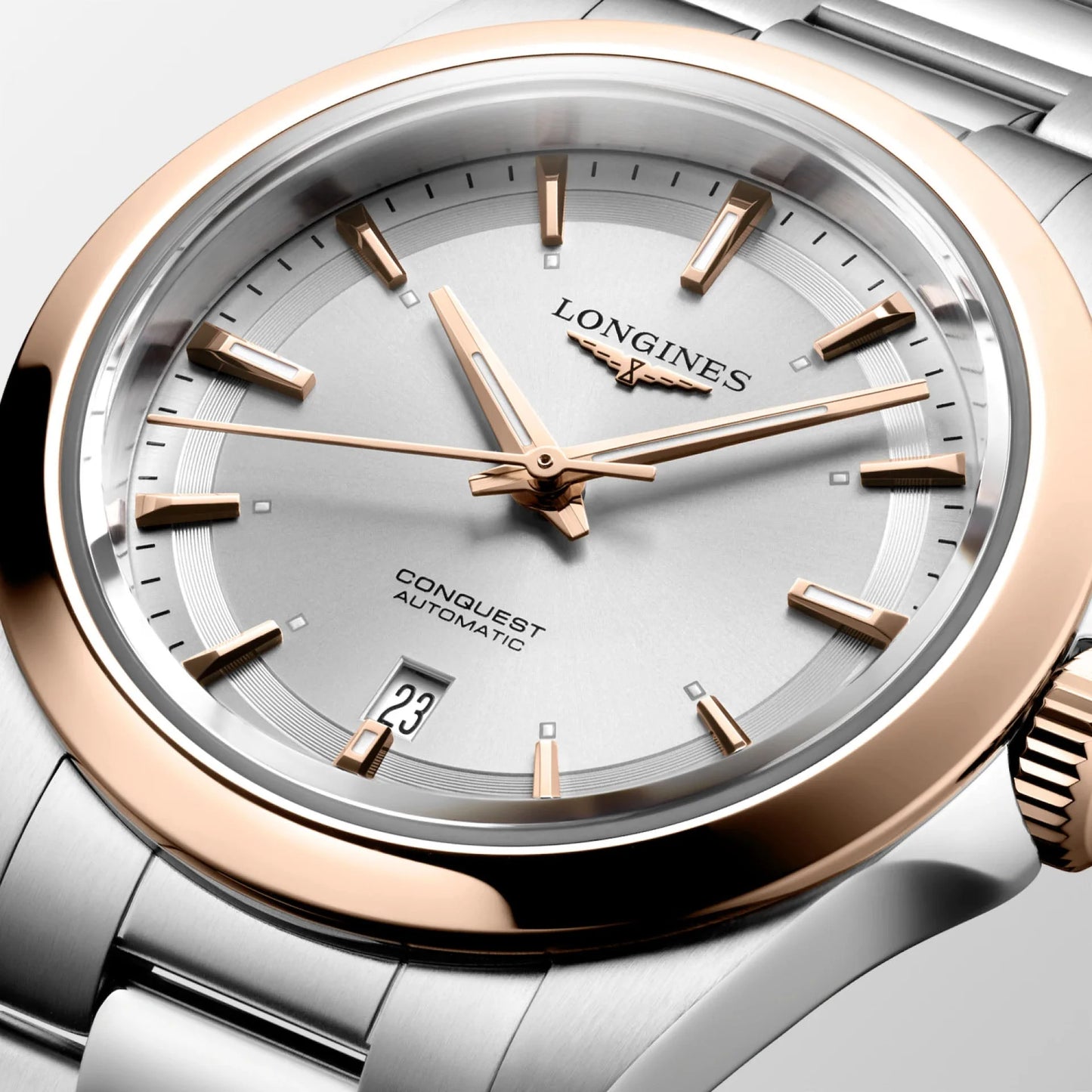 Orologio conquest longines automatico con quadrante argento e dettagli in oro rosa protetto dall’ufficio federale