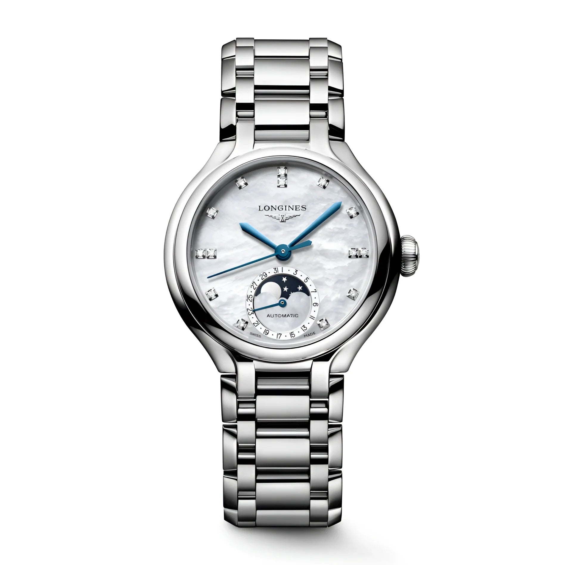 Longines primaluna orologio 34mm acciaio con quadrante madreperla lancette blu e indici diamanti collezione primaluna