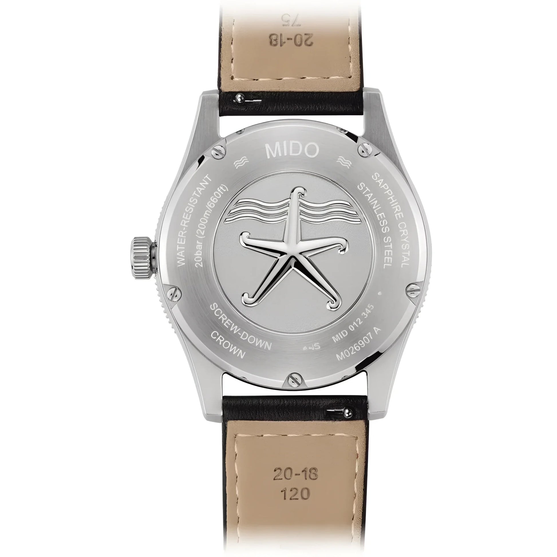 Retro mido orologio ocean star 39 nero automatico in acciaio con cinturino pelle e design inciso a stella marina