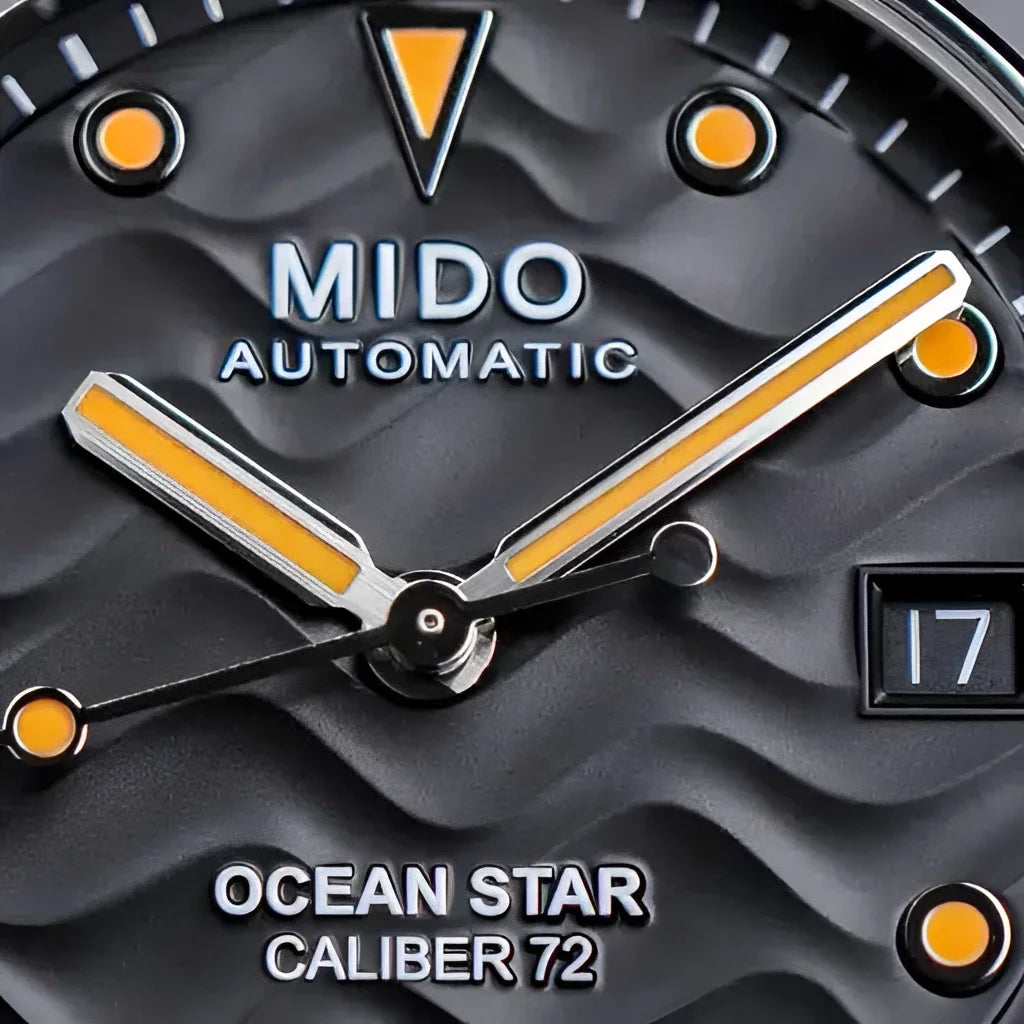 Mido orologio ocean star 39 mm nero automatico con quadrante nero e indici arancioni linea ocean star acciaio