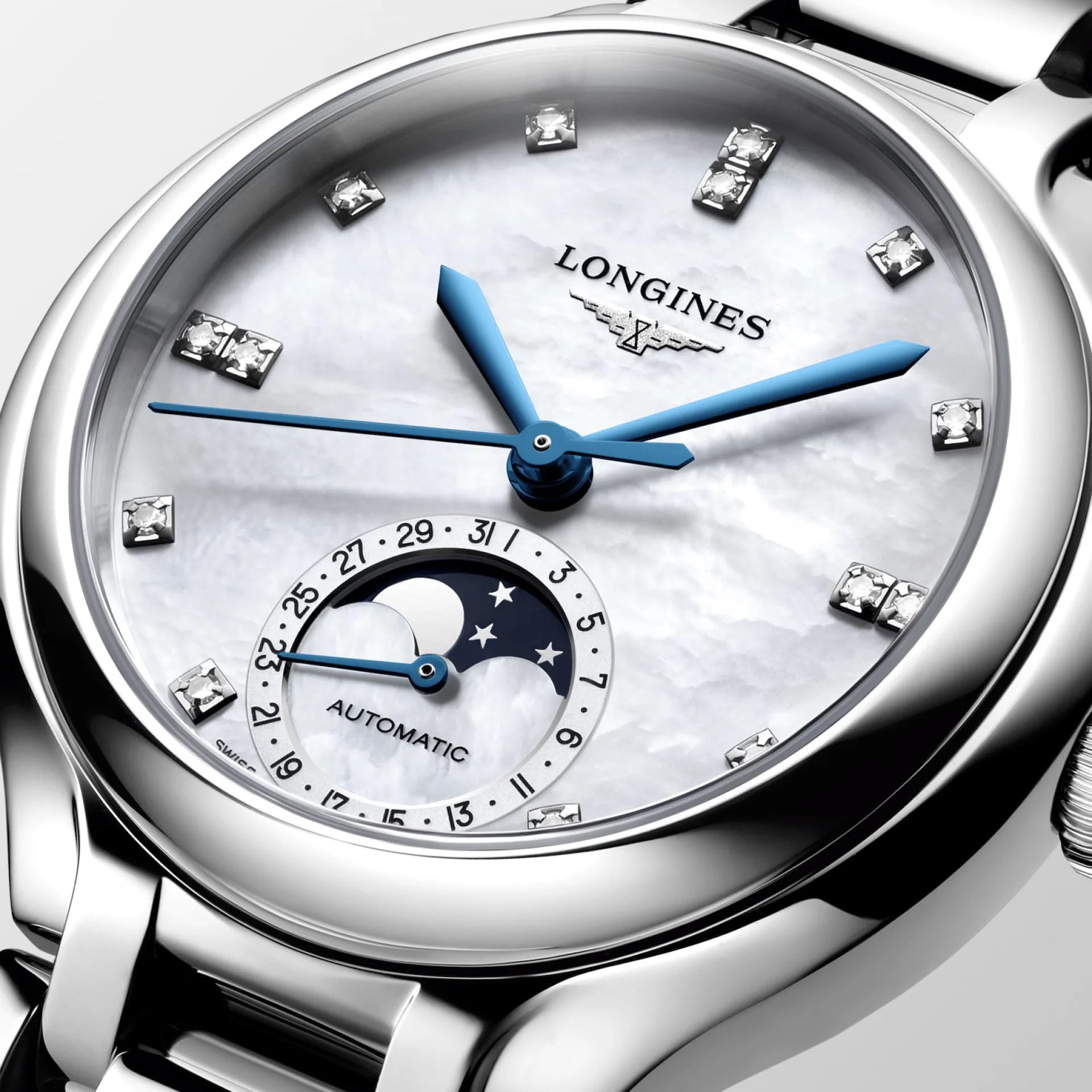 Longines Primaluna orologio automatico acciaio 34mm con quadrante madreperla, lancette blu e diamanti collezione Longines Primaluna