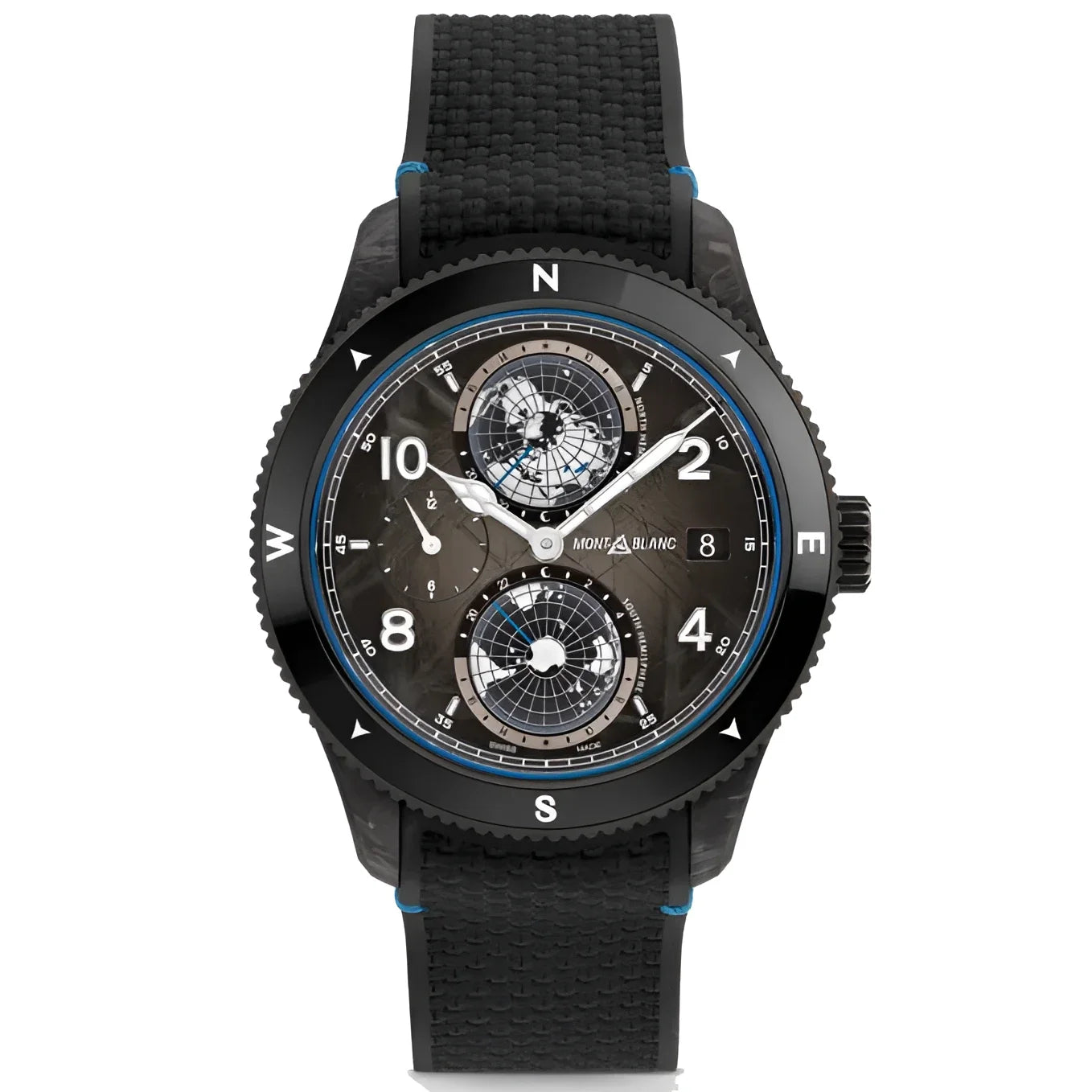 Montblanc orologio 1858 geosphere carbo₂ edizione limitata 43mm nero in carbonio con quadrante scuro e dettagli blu