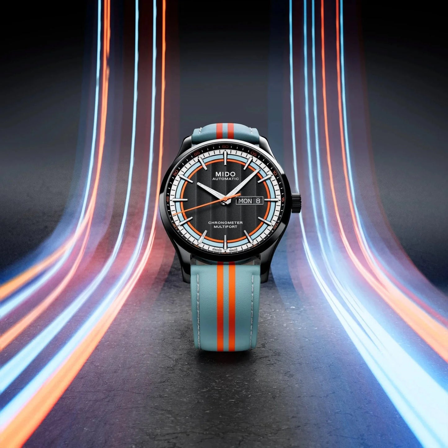 Orologio Mido multifort chronometer 42mm nero con design deciso dell’orologio e cinturino azzurro a strisce arancioni