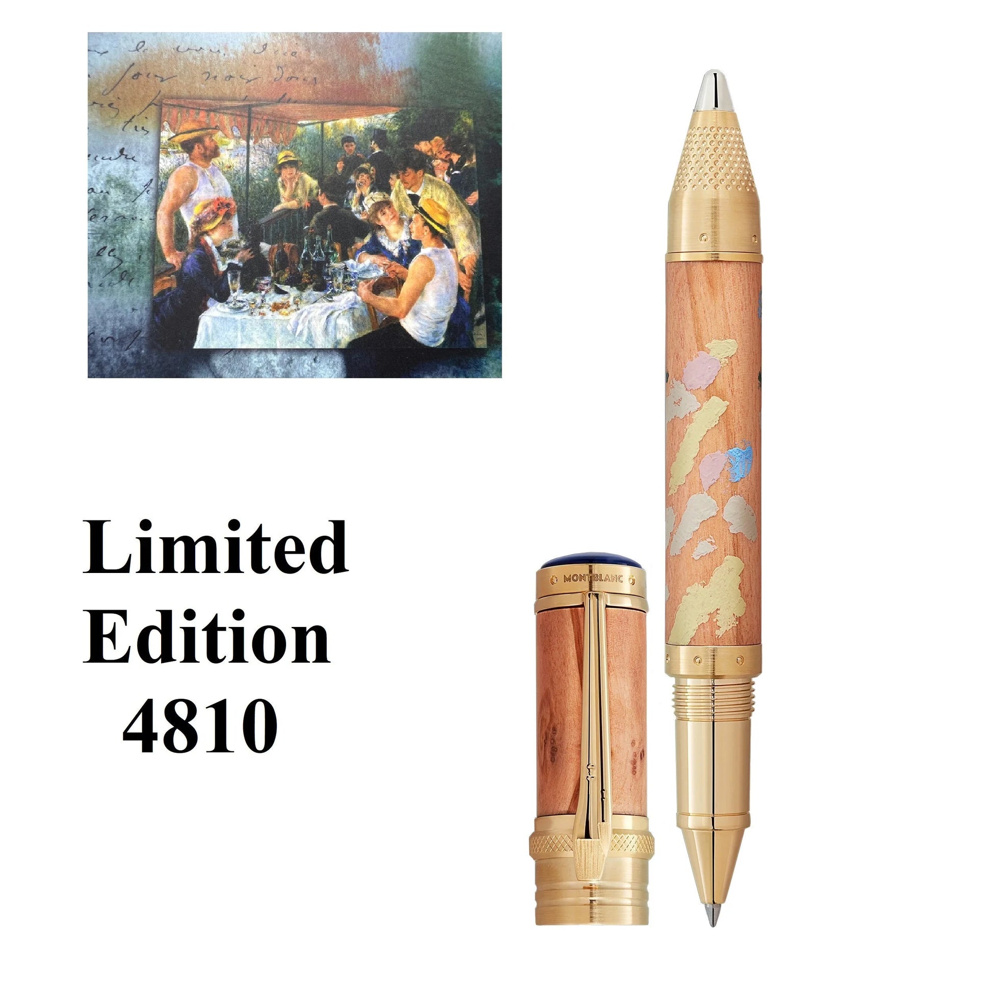 Montblanc penna roller limited edition 4810 con corpo in venatura legno e decori floreali pastello oro