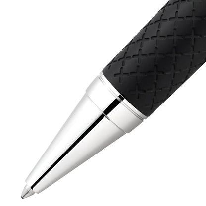 Black textured grip with silver metallic accents and sleek pointed tip of montblanc penna a sfera homage to robert louis stevenson limited edition