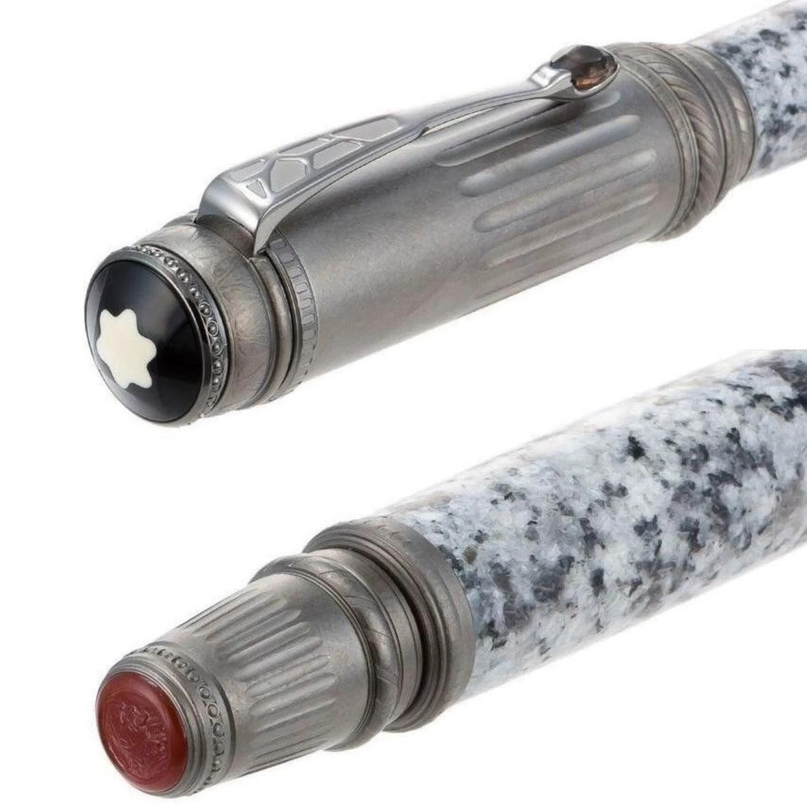 Montblanc stilografica patron of art scipione borghese con corpo in pietra grigia e nera e clip metallica incisa