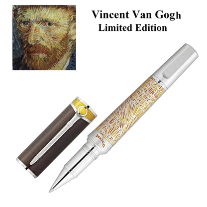 Montblanc roller masters of art van gogh pen in silver with starry night texture and dark brown leather cap
