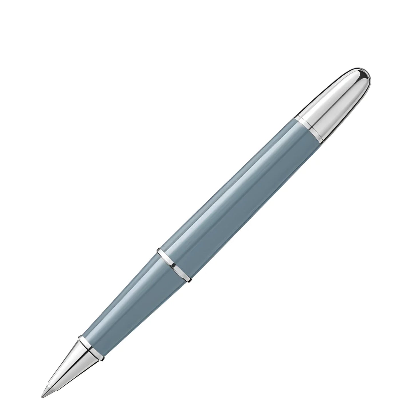 A sleek light blue montblanc rollerball pen with silver accents from the olympic heritage chamonix collection