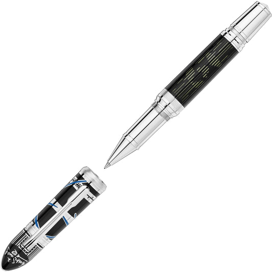 Montblanc roller great characters walt disney edizione limitata penna roller nera e argento con design circuito e cappuccio trasparente blu