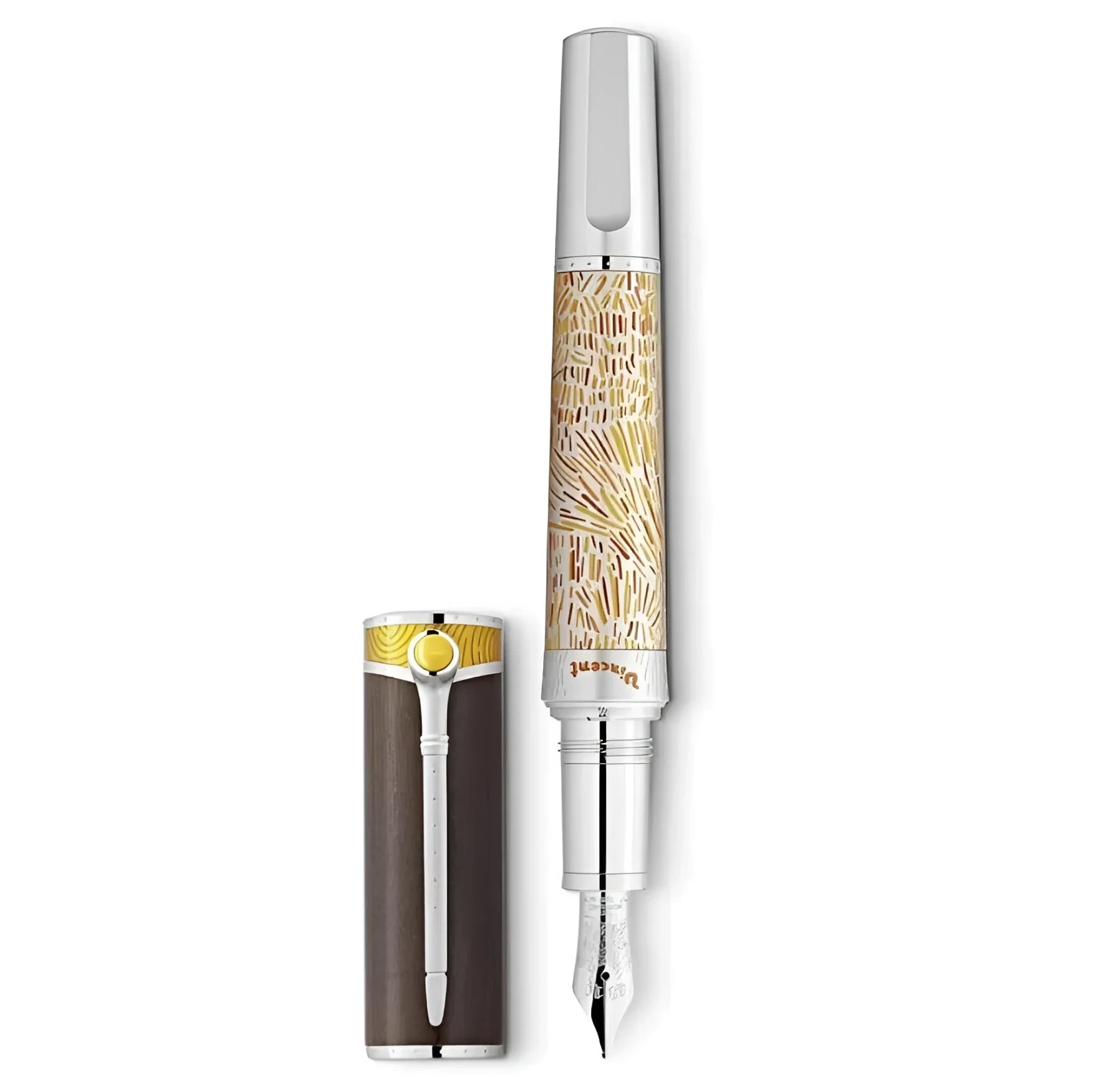 Penna stilografica montblanc silver con corpo dorato e beige in omaggio a vincent van gogh edizione limitata