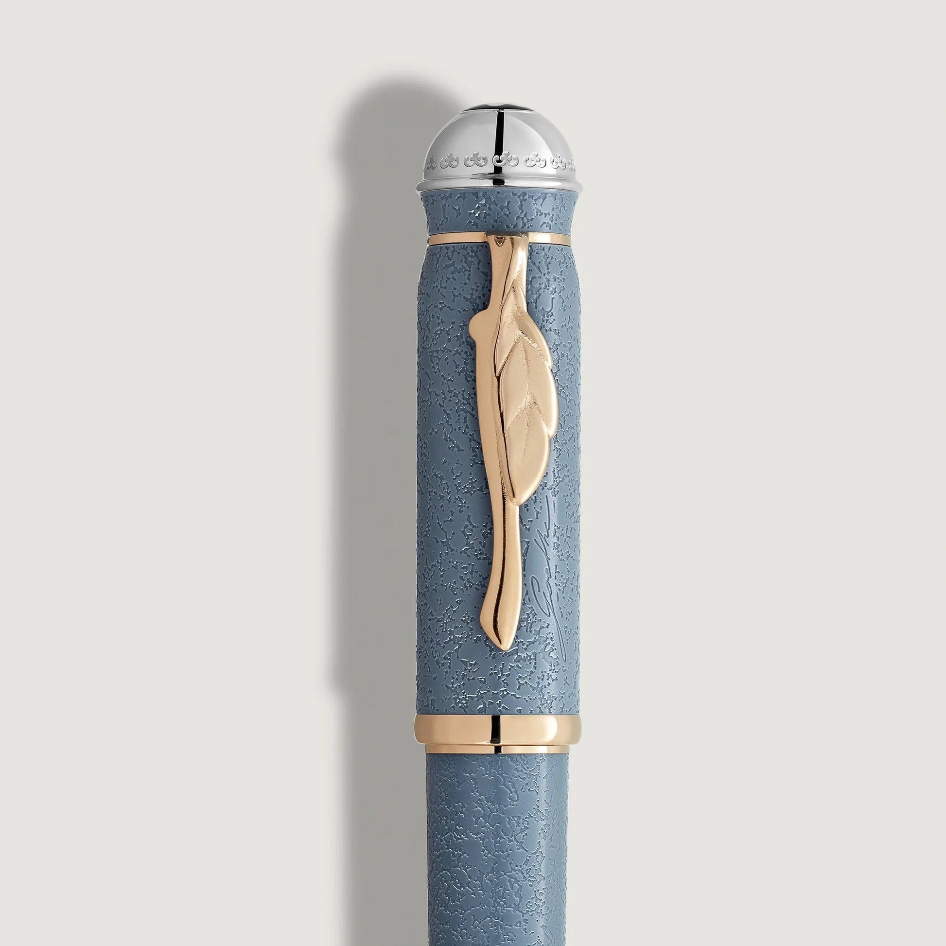 Montblanc roller writer in blue textured finish with gold leaf accent and silver cap homage to Johann Wolfgang von Goethe