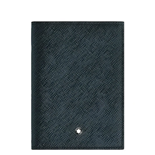 Custodia per passaporto montblanc in pelle sartorial goffrata nera con emblem montblanc argentato e dettaglio tweed blu