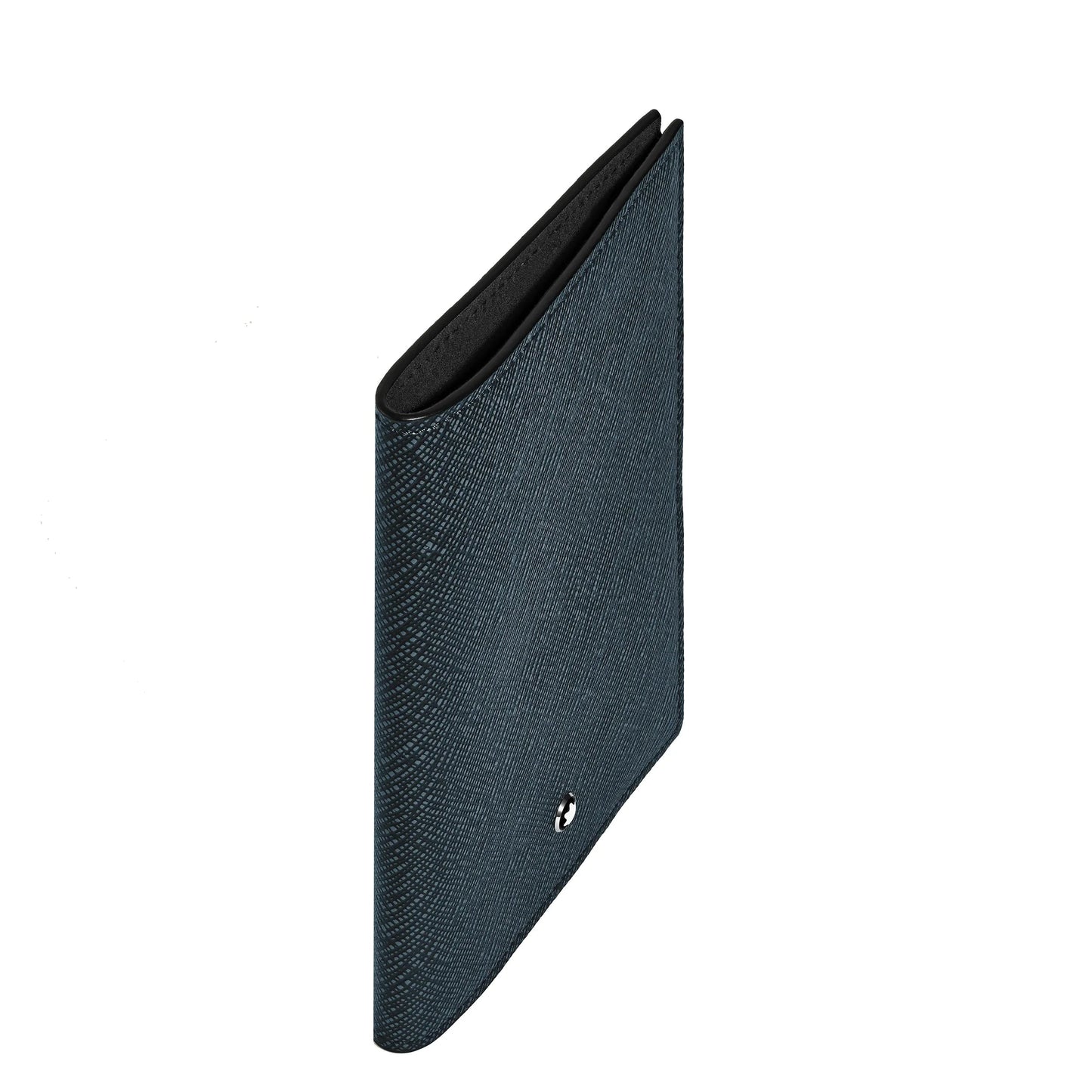 Montblanc custodia per passaporto in pelle sartorial goffrata blu con logo argento e finitura tweed blu