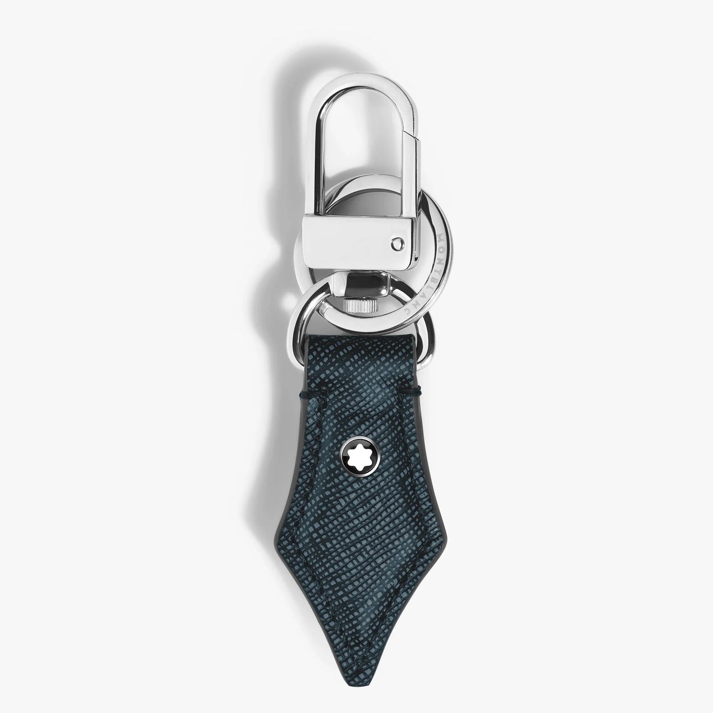 Portachiavi Montblanc tweed blu in pelle sartorial goffrata con chiusura metallica argento e logo Montblanc elegante combinazione bicolore