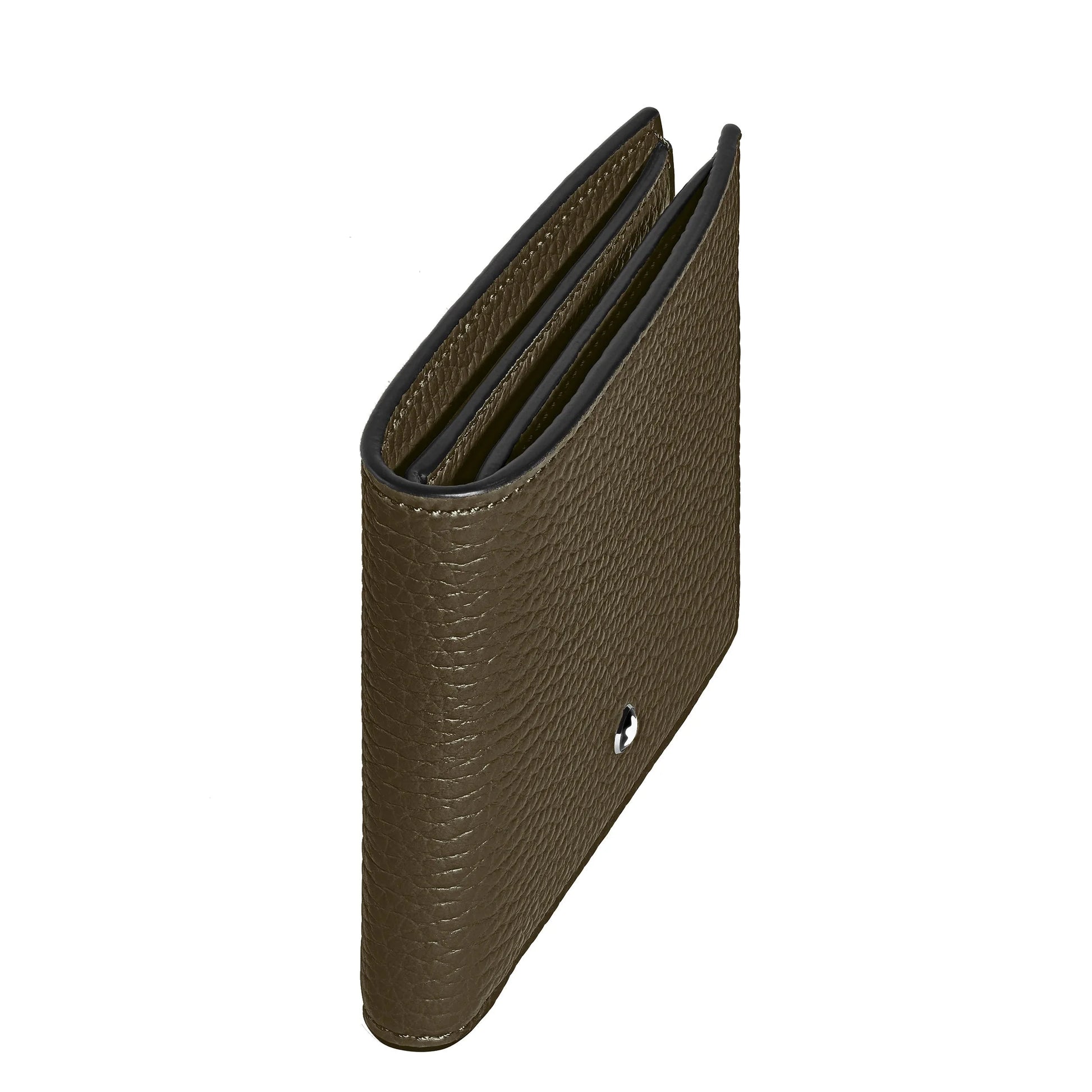 Classico portafoglio bi-fold montblanc portafoglio 6cc kaki in pelle verde oliva con cuciture marroni e chiusura argentata