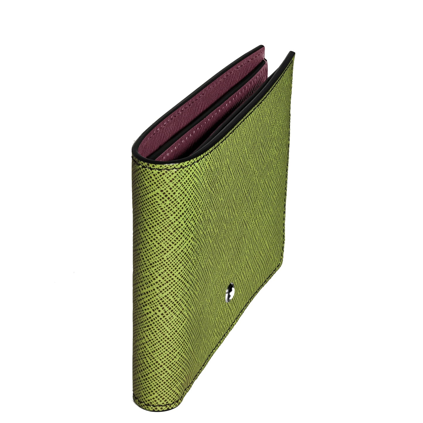 Montblanc portafoglio 8 scomparti multi lime in pelle stampa saffiano verde con interno bordeaux e cuciture nere