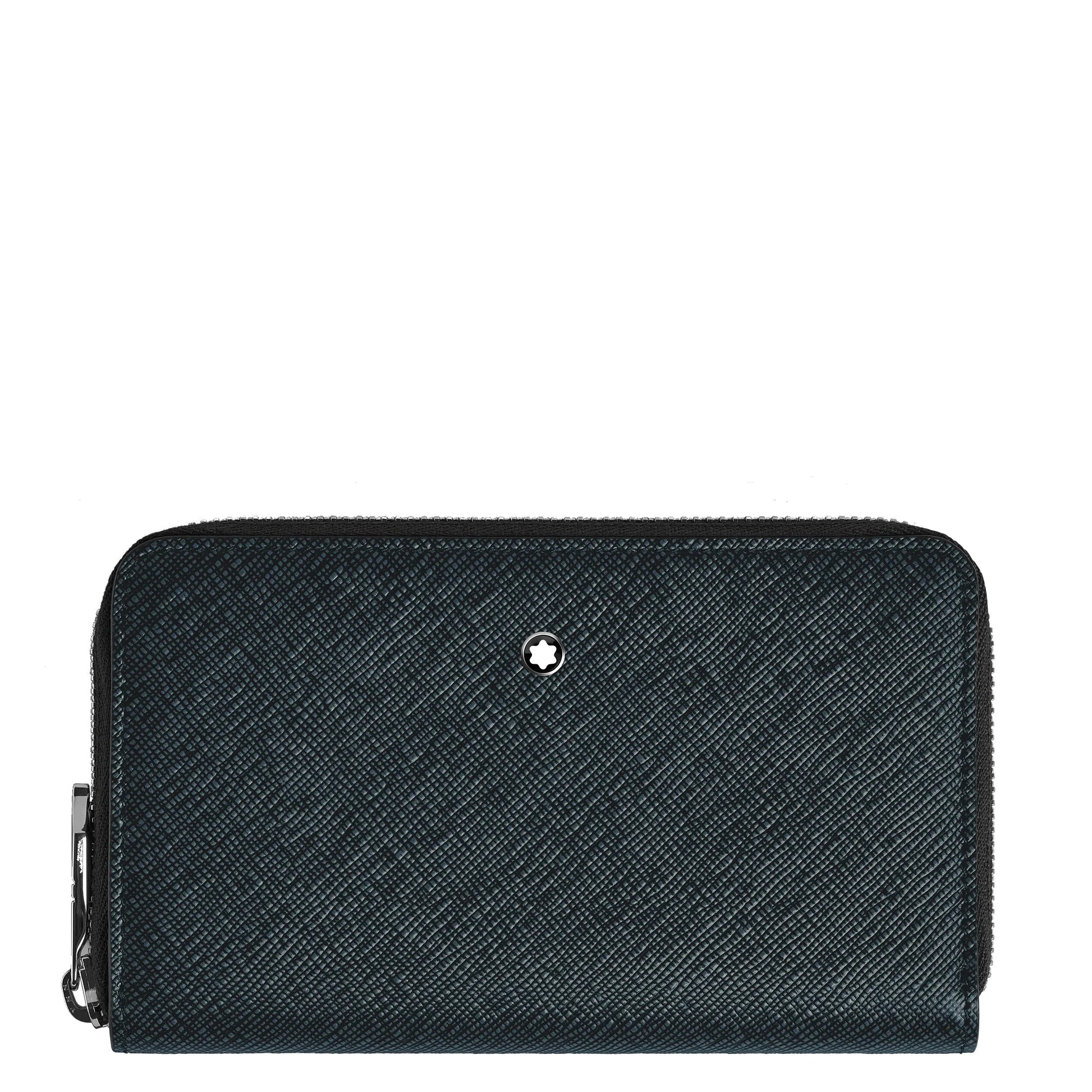 Montblanc portafoglio nero con logo stella argento in tessuto tweed blu con cerniera combina stile intramontabile