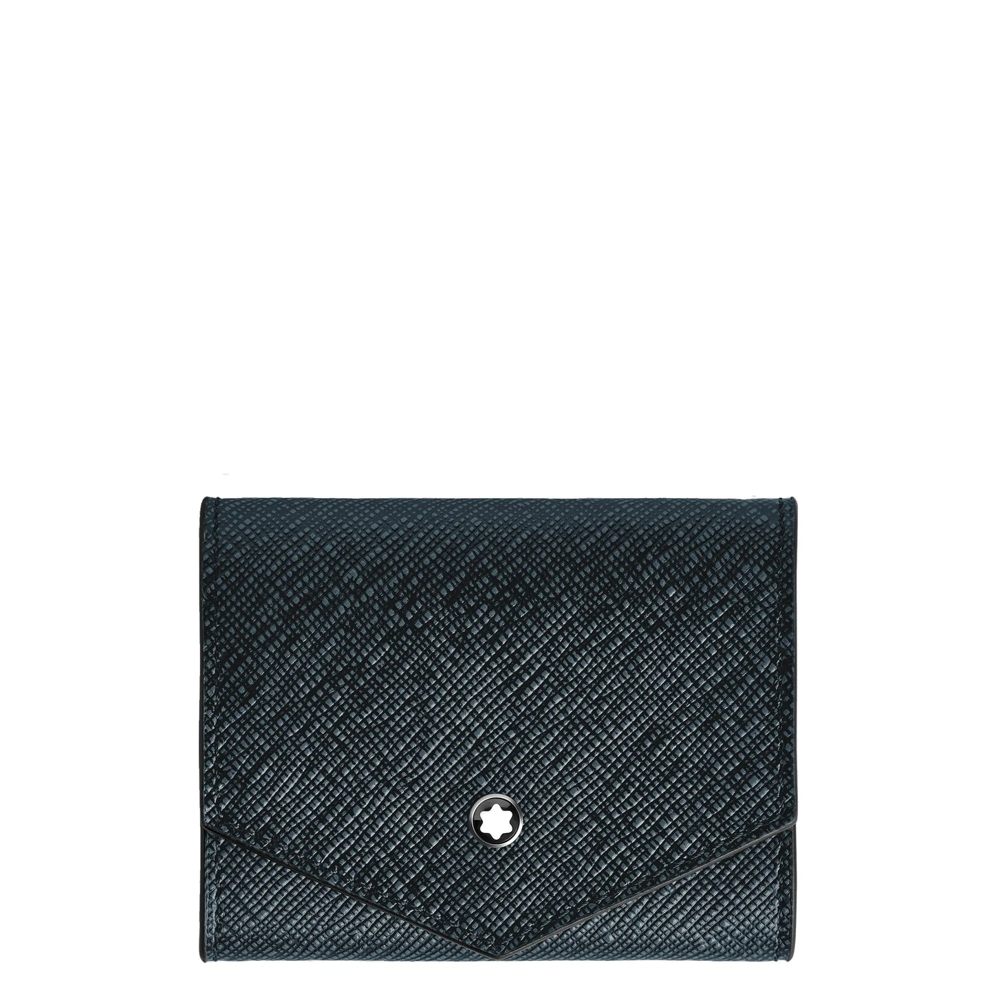 Portamonete montblanc pelle sartorial goffrata nero con chiusura a stella argento raffinata combinazione bicolore tweed blu