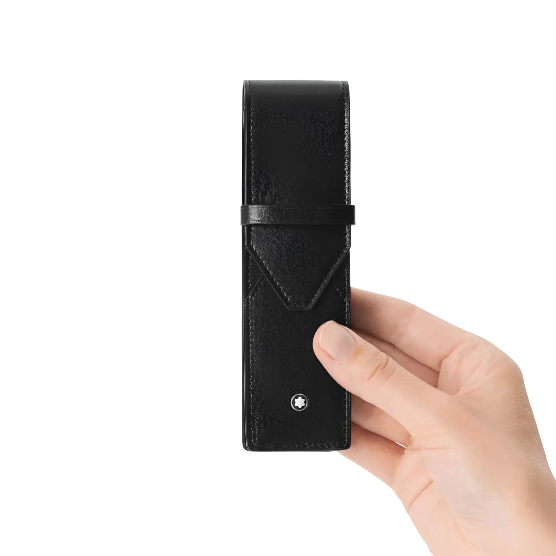 Montblanc astuccio in pelle lucida nera per 2 penne meisterstück con emblema a stella argento