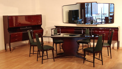 Ensemble da sala da pranzo Osvaldo Borsani per Fratelli Turri — palissandro, onice e vetro opalino nero, Italia, anni '50