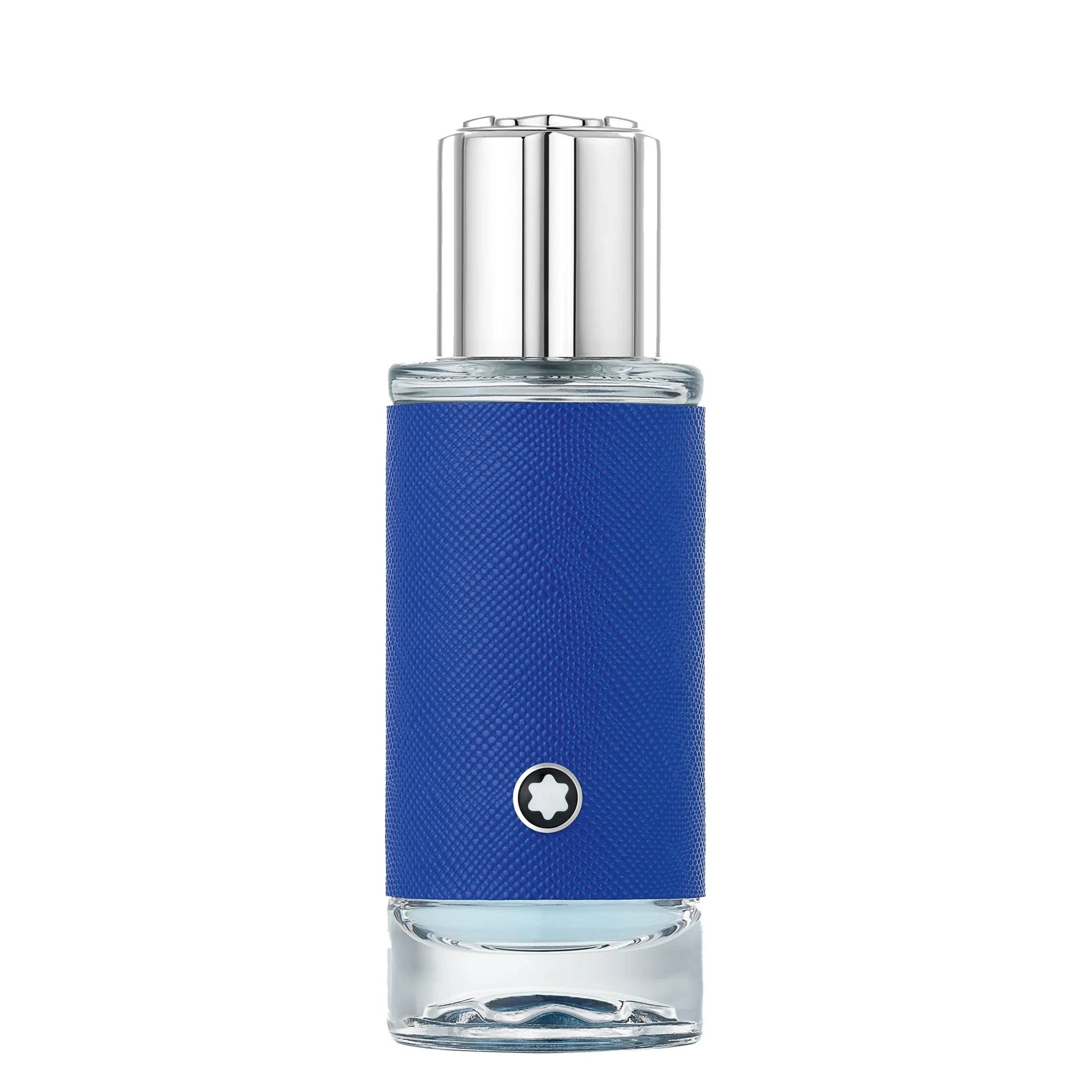 Bottiglia di profumo montblanc explorer ultra blue 30ml con finitura in pelle blu e tappo argento per carisma raffinati narrando