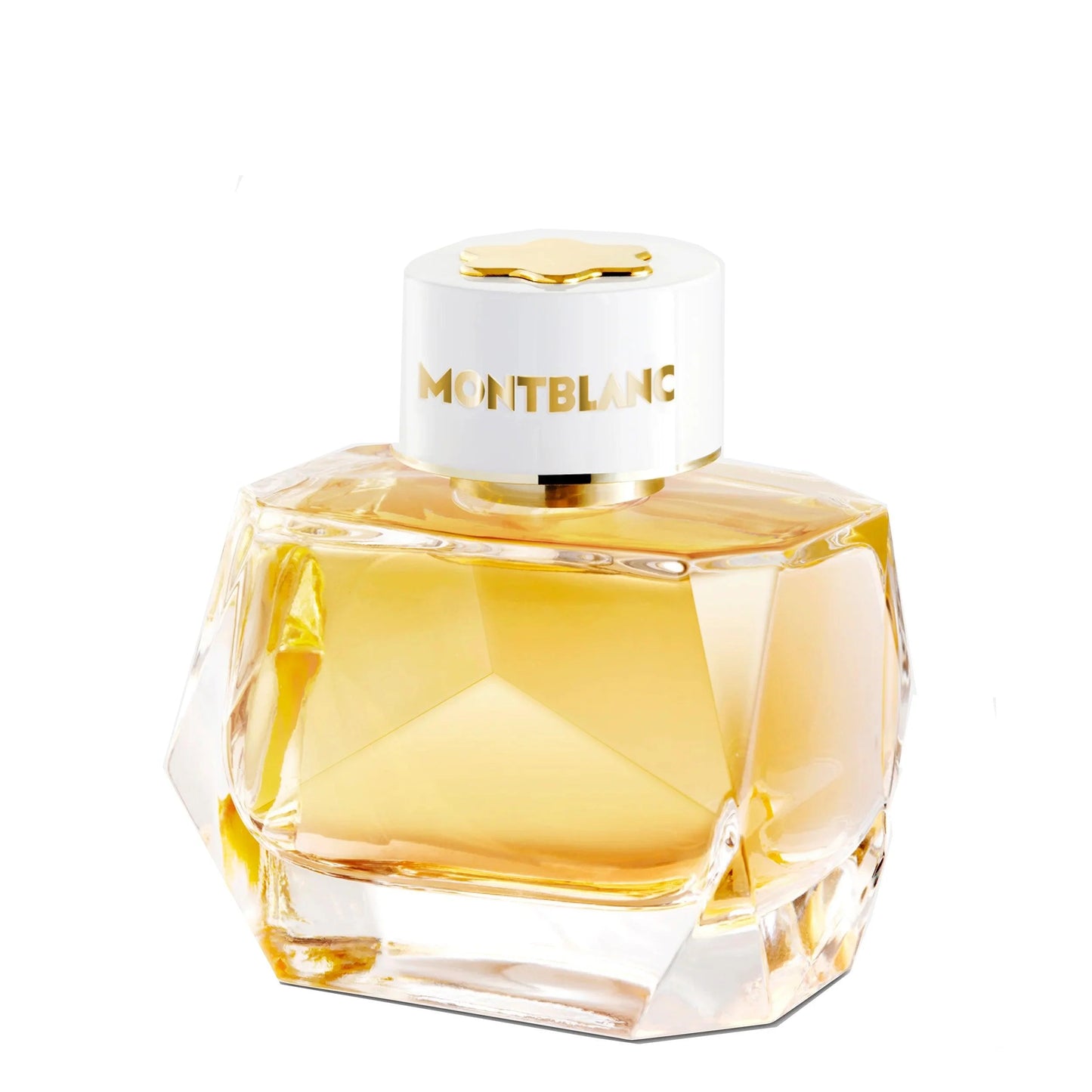Bottiglia di montblanc signature absolue eau de parfum 90ml con corpo in vetro cristallo sfaccettato liquido dorato e tappo bianco con logo oro