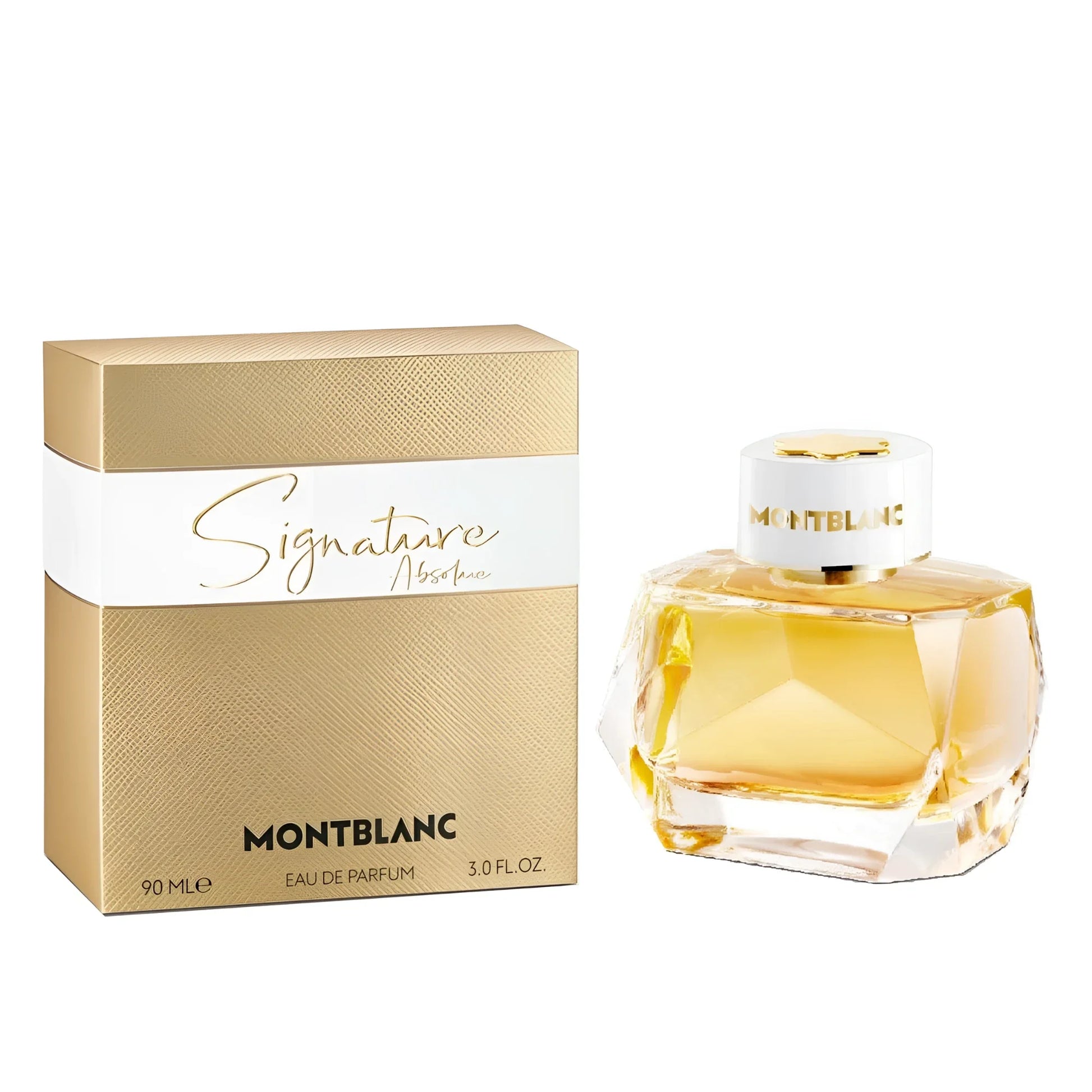 Montblanc signature absolue eau de parfum 90ml in bottiglia dorata sfaccettata con tappo bianco e confezione abbinata texture oro