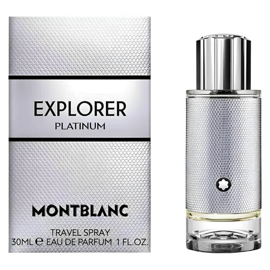 Montblanc explorer platinum eau de parfum 30ml in elegante flacone spray da viaggio in platino con tappo cromato lucido