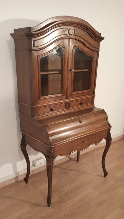 Credenza scrittoio ribalta in rovere massello restaurata con ante in vetro curvo e gambe cabriole xix secolo