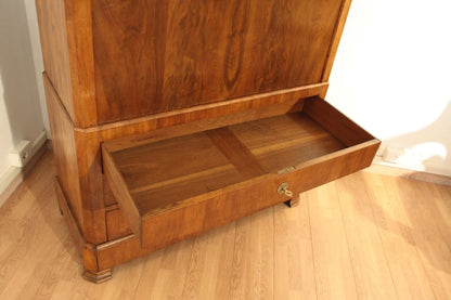Secretaire scrittoio credenza umbertino in rovere massello originale fine ottocento con cassetto aperto e pomello di cristallo