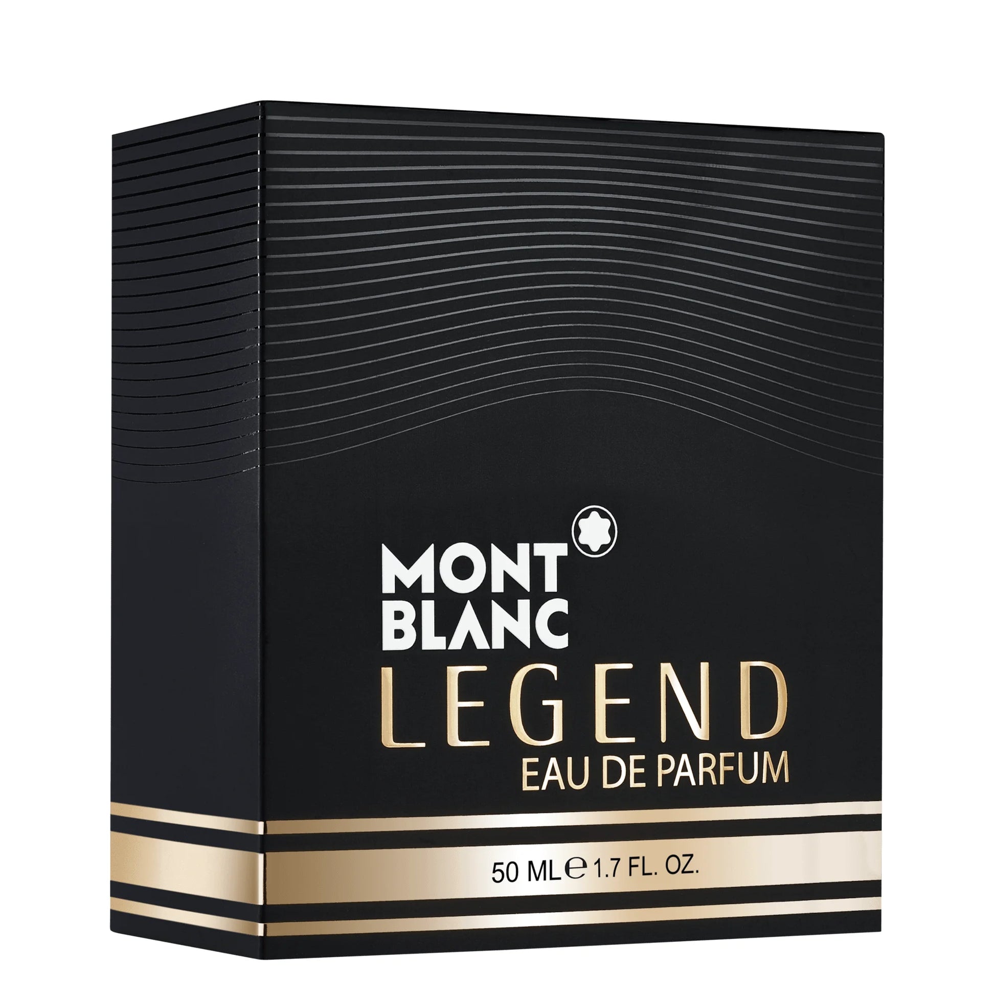 Scatola nera e oro di montblanc legend eau de parfum 50ml con design elegante a linee ondulate