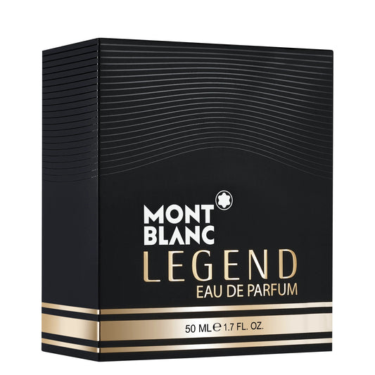 Scatola nera e oro di montblanc legend eau de parfum 50ml con design elegante a linee ondulate