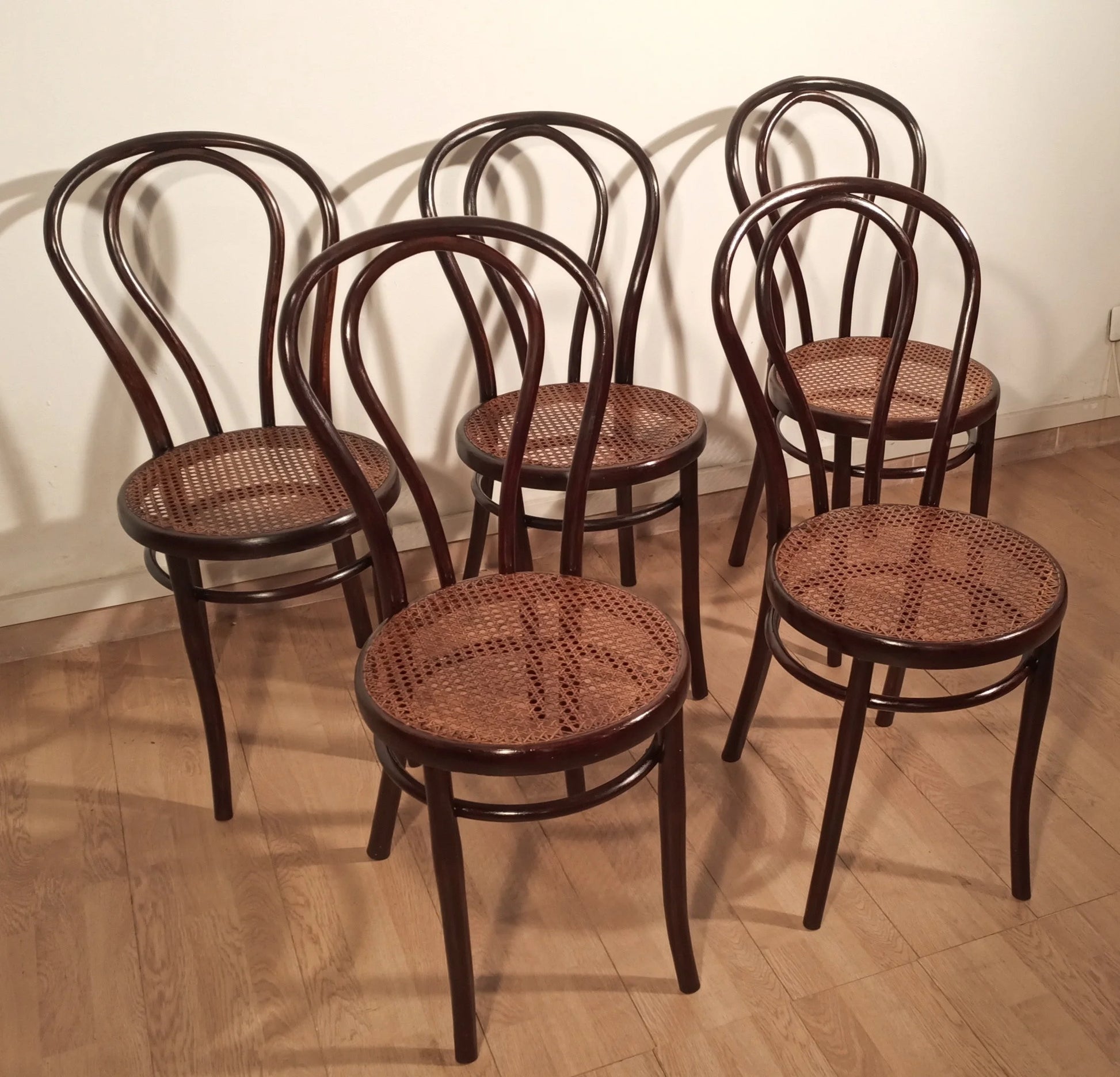 Set di cinque sedie stile thonet drava con sedute in paglia di vienna di legno curvato del xx secolo