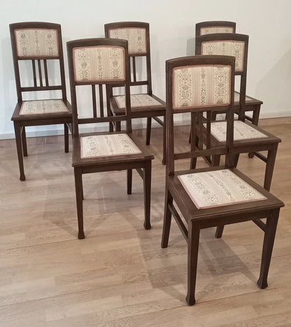 Set di sei sedie pranzo vintage stile italiano in rovere massello con sedile e schienale imbottiti