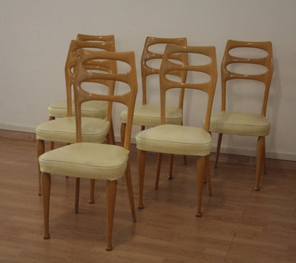 Set di 6 sedie da pranzo mid-century moderne vittorio dassi in legno con sedute crema da dario raia antiquariato