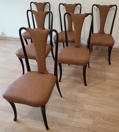 Set di sei sedie pranzo vintage in palissandro con imbottitura marrone e gambe curve nere design mid century anni 50 restaurate