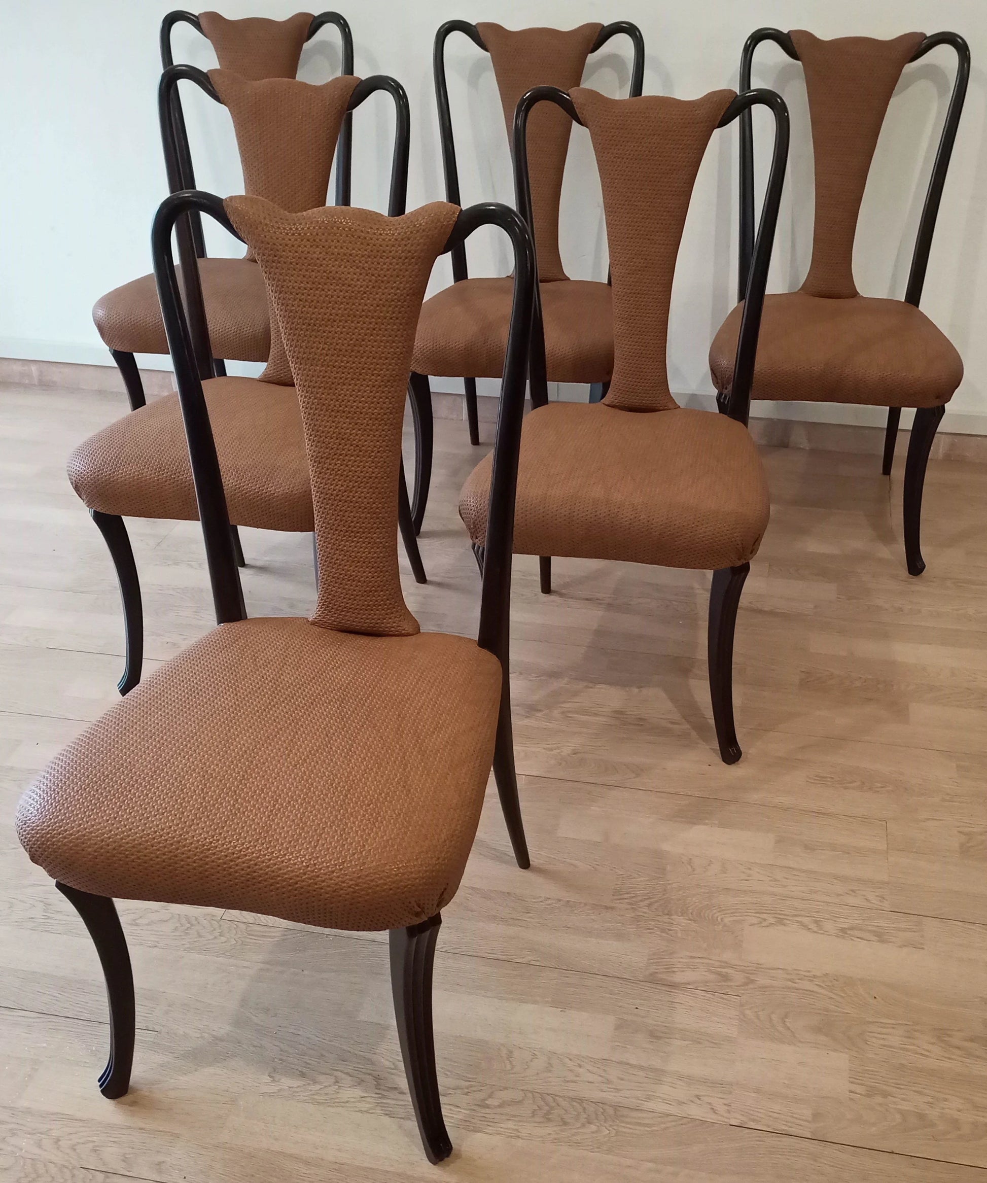 Set di 6 sedie pranzo vintage in palissandro con design anni 50 e tappezzeria marrone restaurate