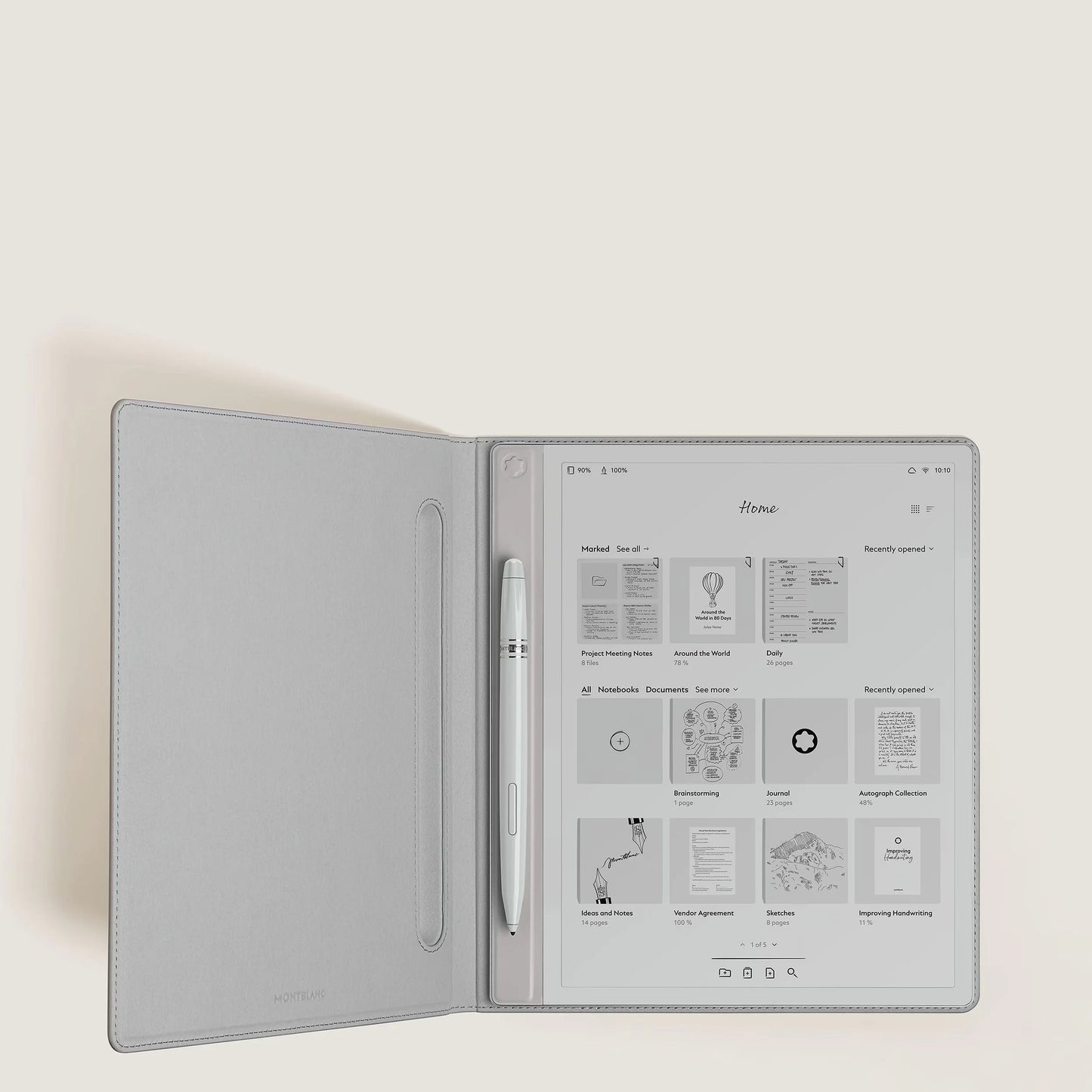 Custodia per tablet in pelle grigia con design minimalista e stilo bianco integrato montblanc digital paper argento