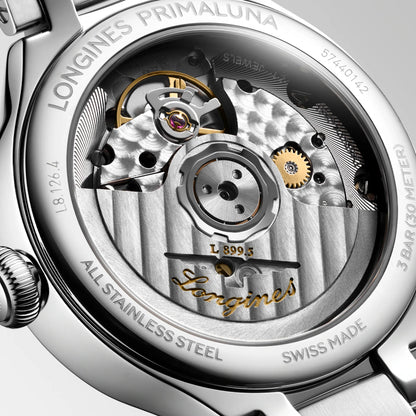 Longines orologio Primaluna Moonphase 34mm argento automatico acciaio L8.126.4.71.6