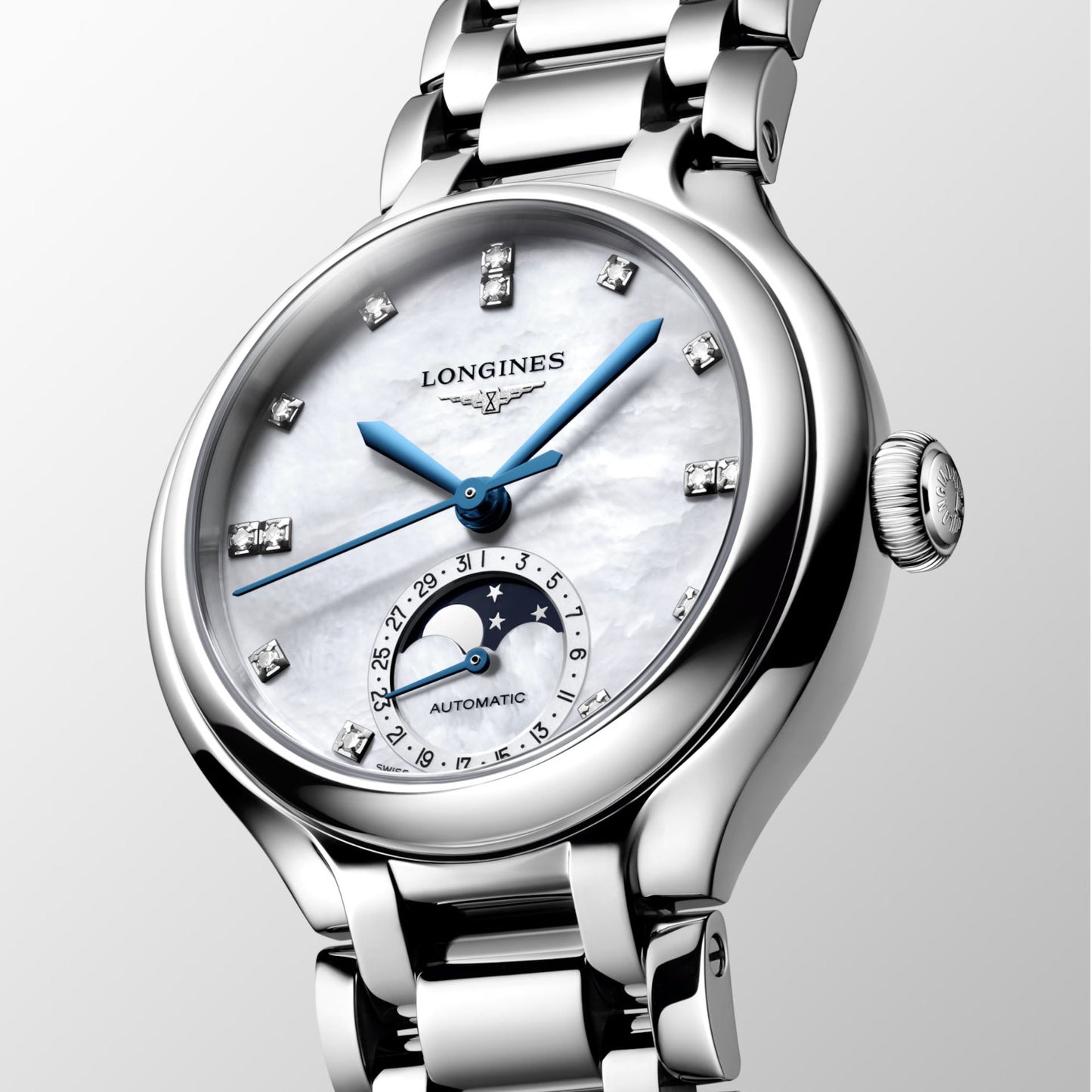 ロンジン プリマルーナ ムーンフェイズ 34mm マザーオブパール ダイヤモンド 自動巻き ステンレススチールウォッチ L8.126.4.87.6